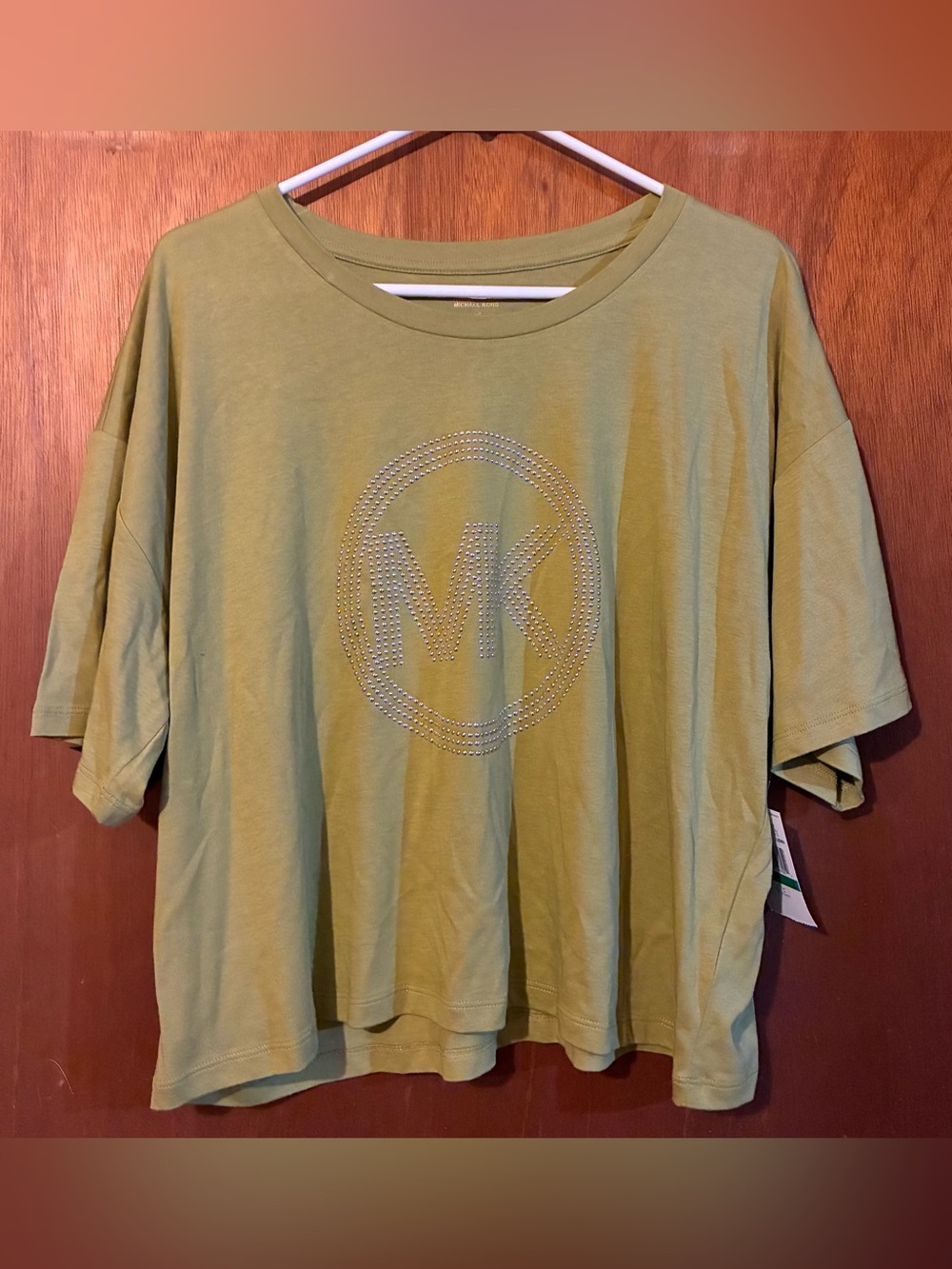 Michael Kors Olive Green Short Sleeve Crystal MK Logo Tee